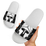 Black And White Spartan Helmet Print White Slide Sandals