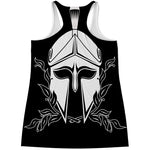 Black And White Spartan Helmet Print Women's Racerback Tank Top