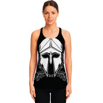 Black And White Spartan Helmet Print Women's Racerback Tank Top