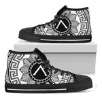 Black And White Spartan Warrior Print Black High Top Shoes