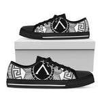Black And White Spartan Warrior Print Black Low Top Shoes 