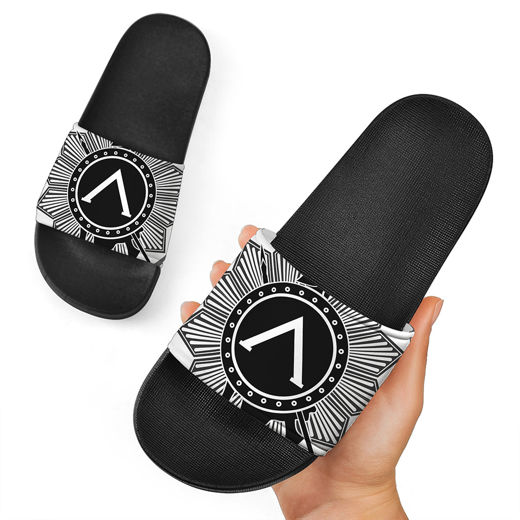 Black And White Spartan Warrior Print Black Slide Sandals