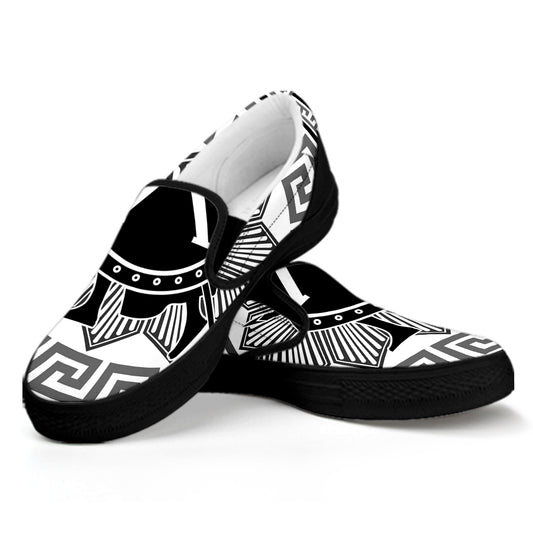 Black And White Spartan Warrior Print Black Slip On Shoes