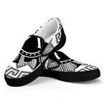 Black And White Spartan Warrior Print Black Slip On Shoes