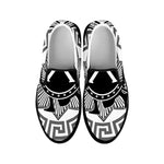 Black And White Spartan Warrior Print Black Slip On Shoes