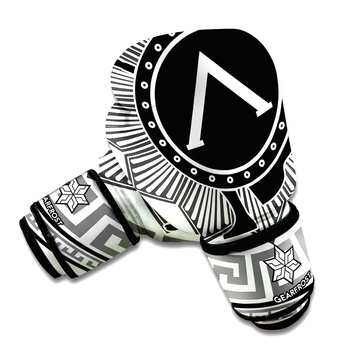 Black And White Spartan Warrior Print Boxing Gloves