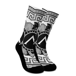 Black And White Spartan Warrior Print Crew Socks