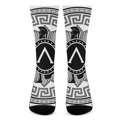 Black And White Spartan Warrior Print Crew Socks