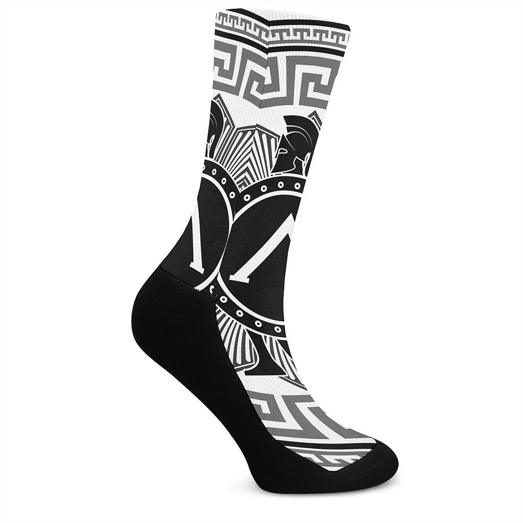 Black And White Spartan Warrior Print Crew Socks