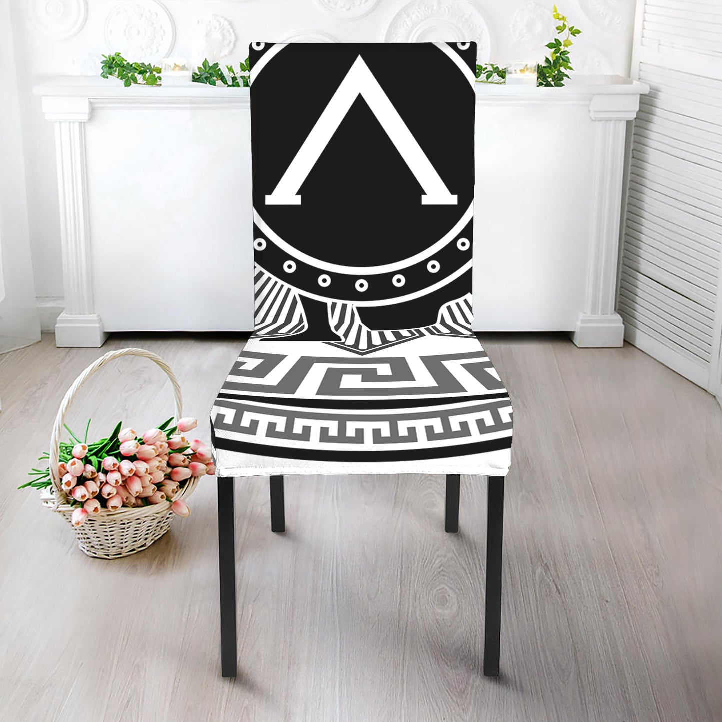 Black And White Spartan Warrior Print Dining Chair Slipcover