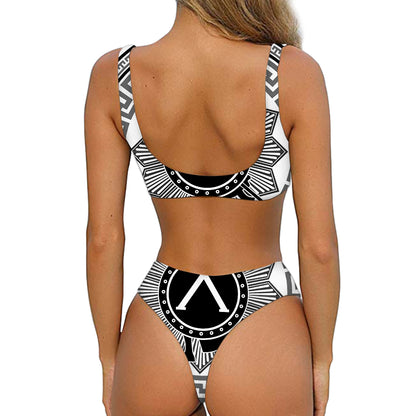 Black And White Spartan Warrior Print Front Bow Tie Bikini