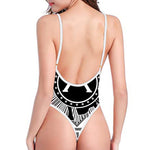 Black And White Spartan Warrior Print High Cut One Piece Swimsuit