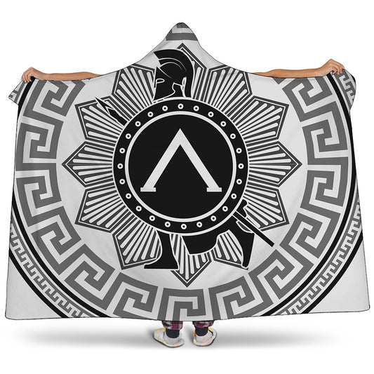 Black And White Spartan Warrior Print Hooded Blanket