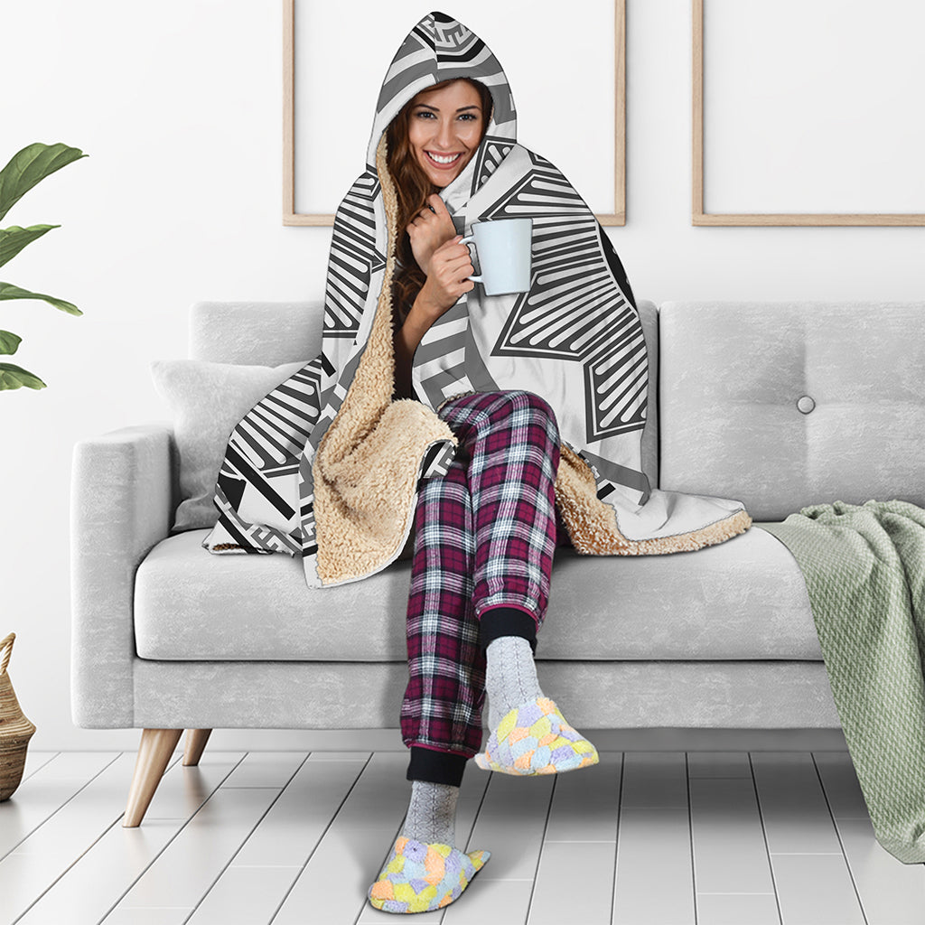 Black And White Spartan Warrior Print Hooded Blanket