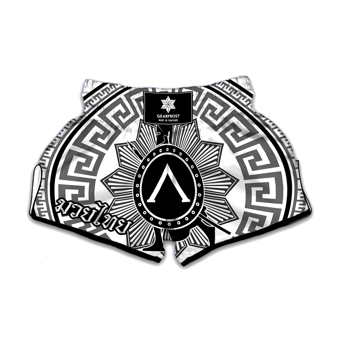 Black And White Spartan Warrior Print Muay Thai Boxing Shorts
