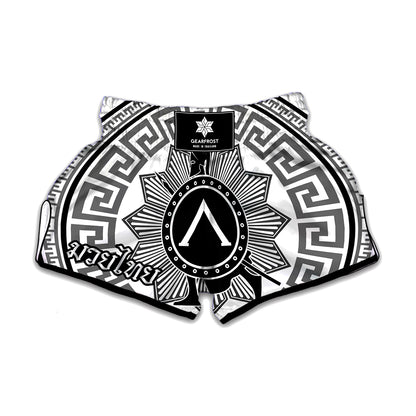 Black And White Spartan Warrior Print Muay Thai Boxing Shorts