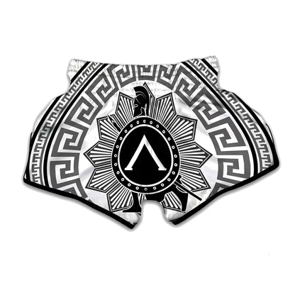 Black And White Spartan Warrior Print Muay Thai Boxing Shorts