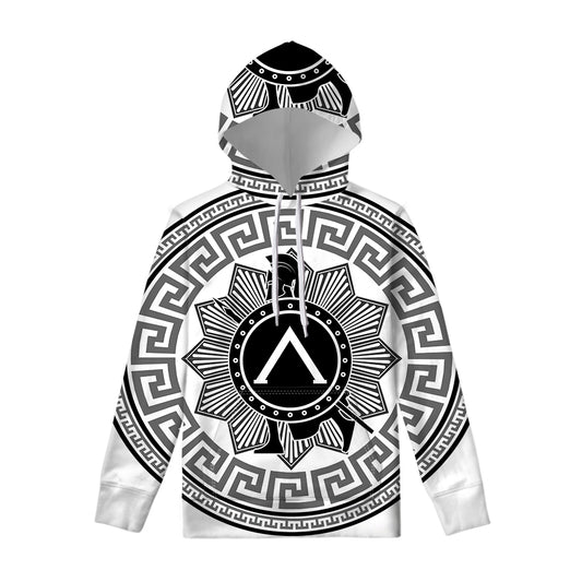 Black And White Spartan Warrior Print Pullover Hoodie