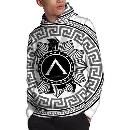 Black And White Spartan Warrior Print Pullover Hoodie