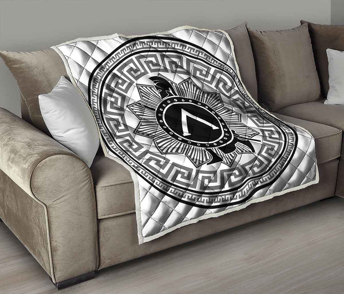 Black And White Spartan Warrior Print Quilt
