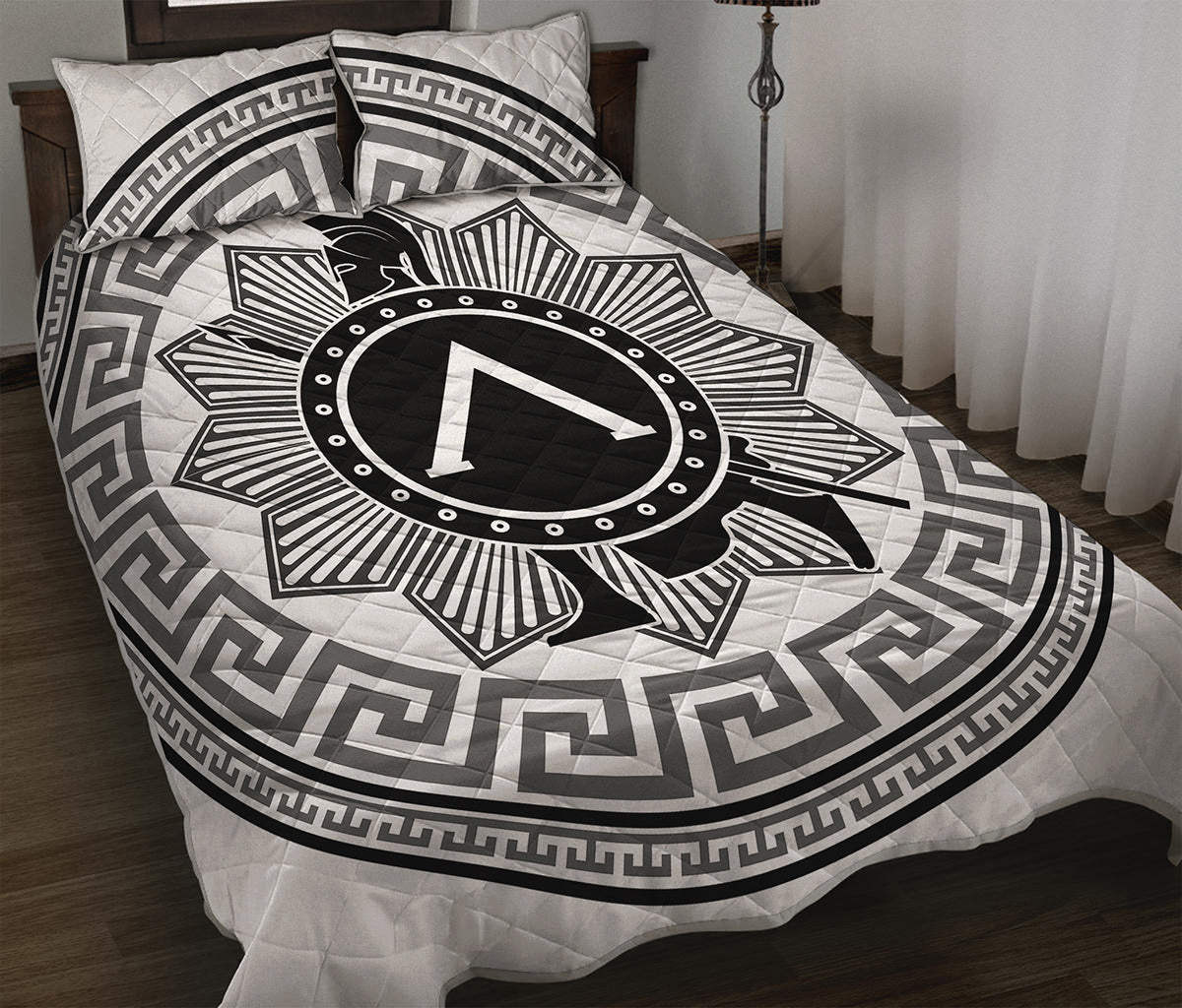 Black And White Spartan Warrior Print Quilt Bed Set