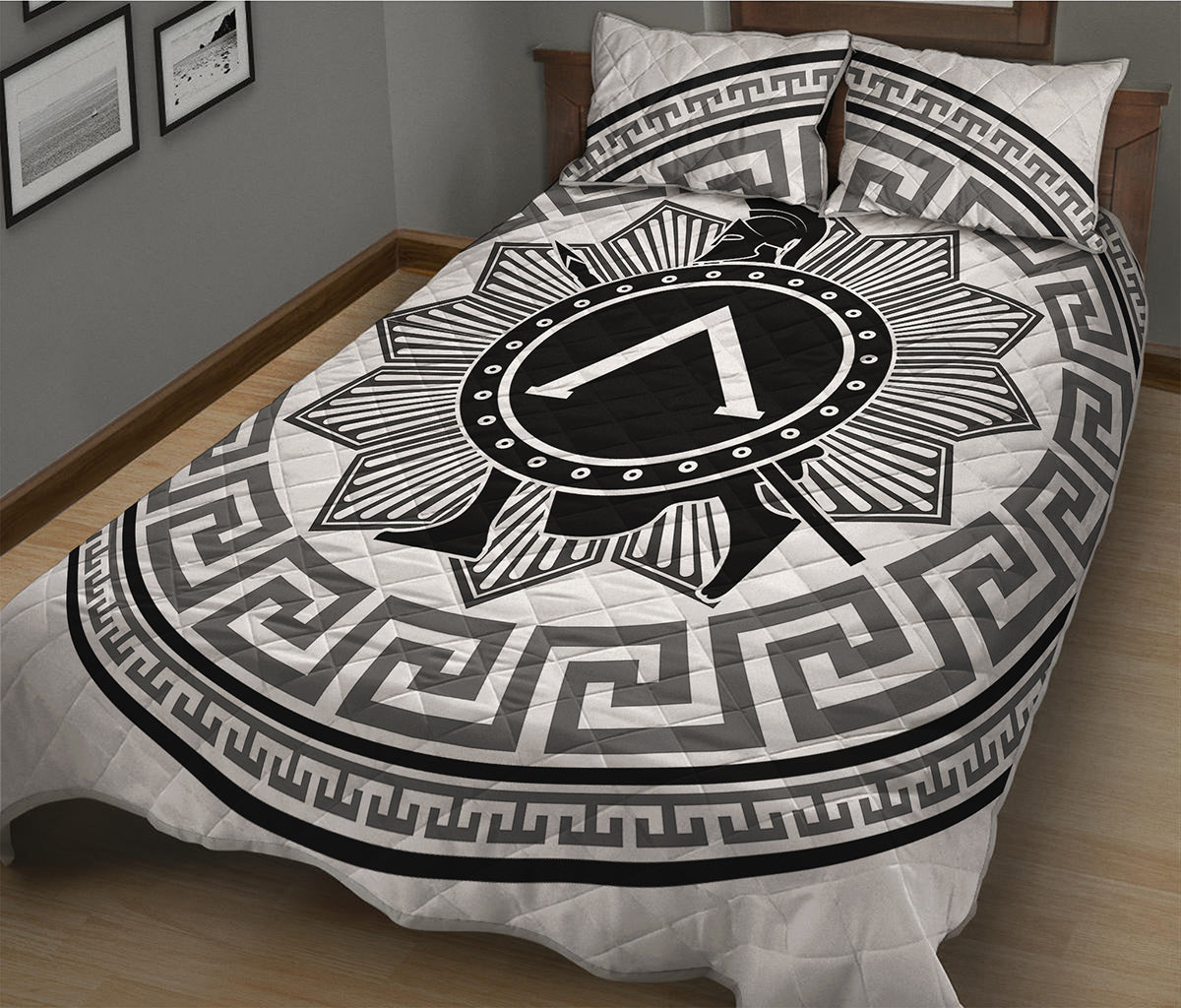 Black And White Spartan Warrior Print Quilt Bed Set