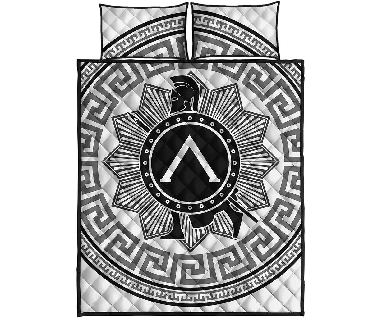 Black And White Spartan Warrior Print Quilt Bed Set