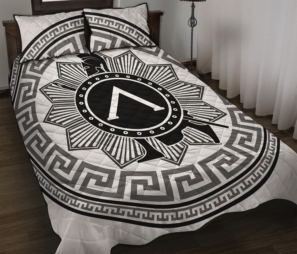 Black And White Spartan Warrior Print Quilt Bed Set
