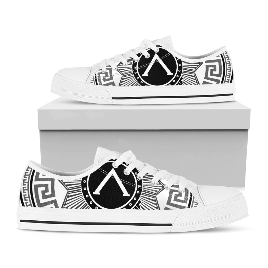 Black And White Spartan Warrior Print White Low Top Shoes