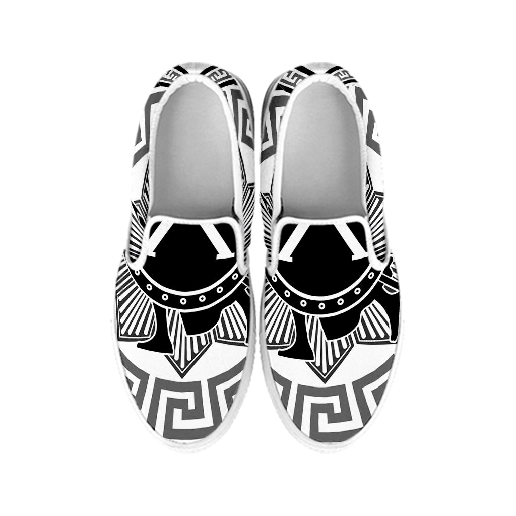 Black And White Spartan Warrior Print White Slip On Shoes