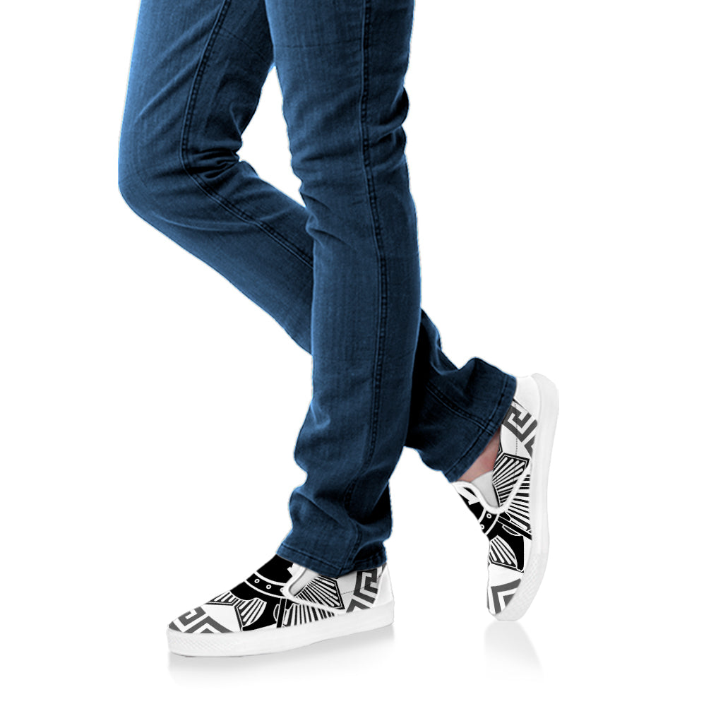 Black And White Spartan Warrior Print White Slip On Shoes