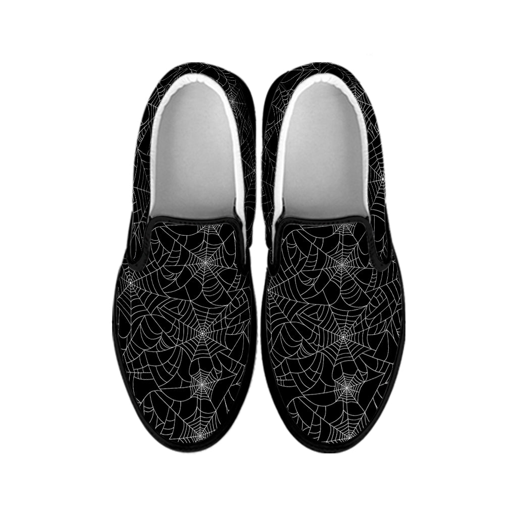 Black And White Spider Web Pattern Print Black Slip On Shoes