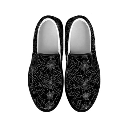 Black And White Spider Web Pattern Print Black Slip On Shoes