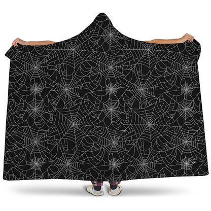 Black And White Spider Web Pattern Print Hooded Blanket