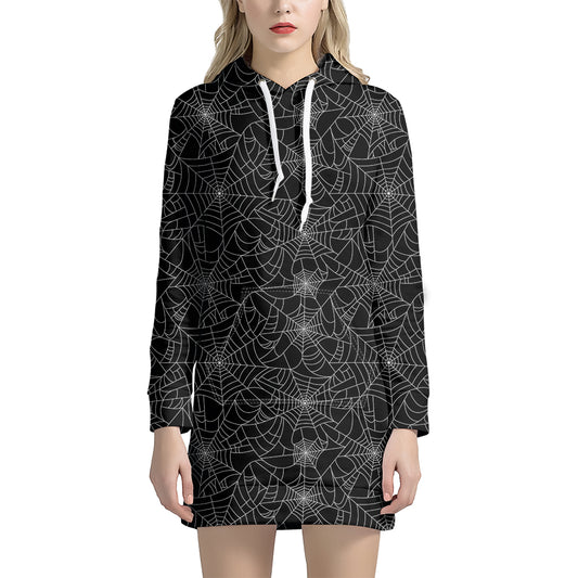 Black And White Spider Web Pattern Print Hoodie Dress