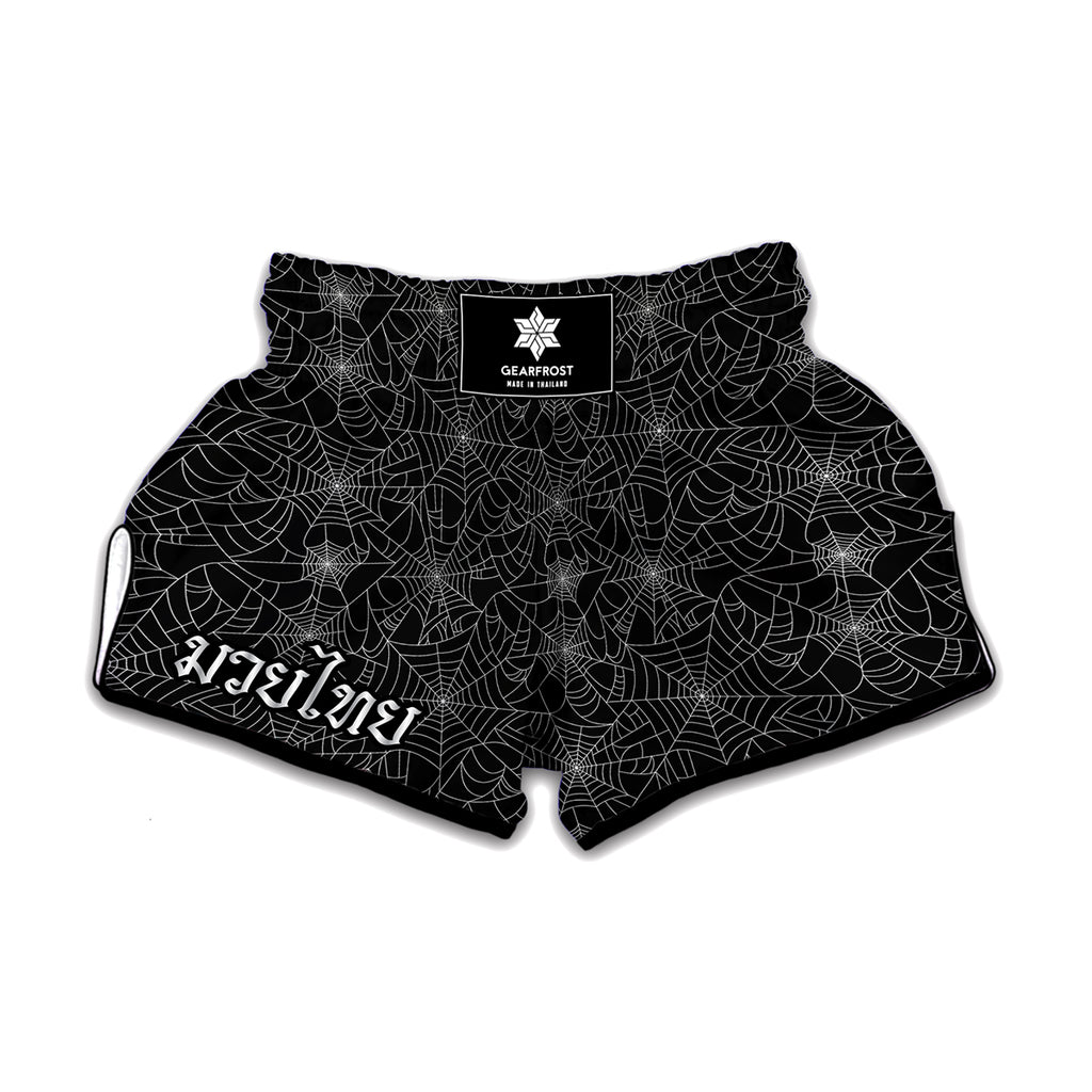 Black And White Spider Web Pattern Print Muay Thai Boxing Shorts