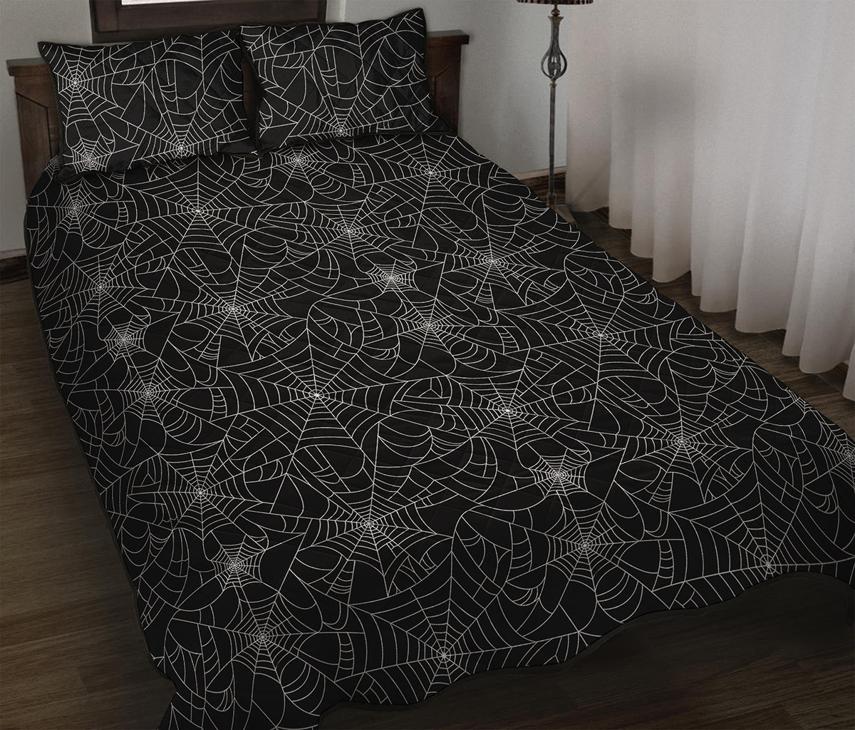 Black And White Spider Web Pattern Print Quilt Bed Set