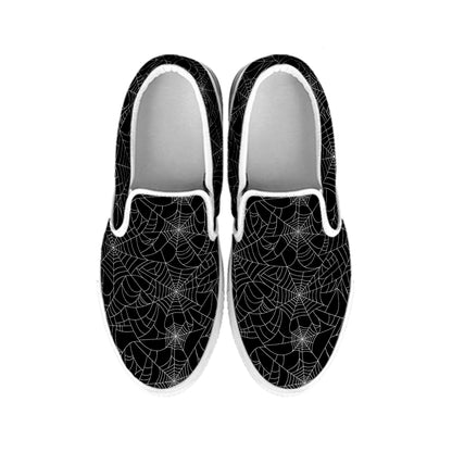 Black And White Spider Web Pattern Print White Slip On Shoes