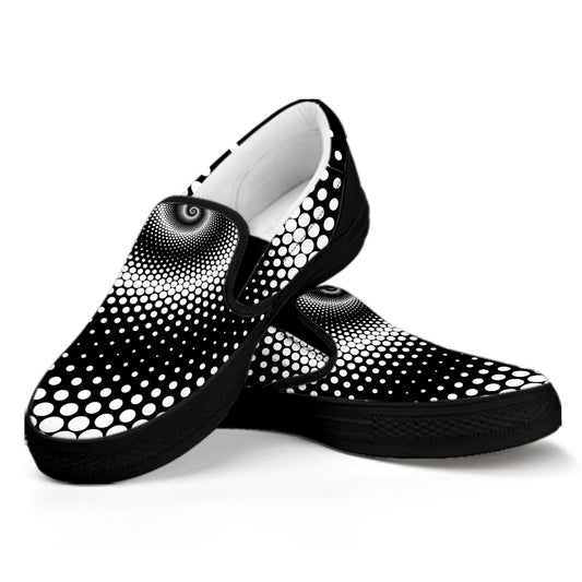 Black And White Spiral Dot Print Black Slip On Shoes