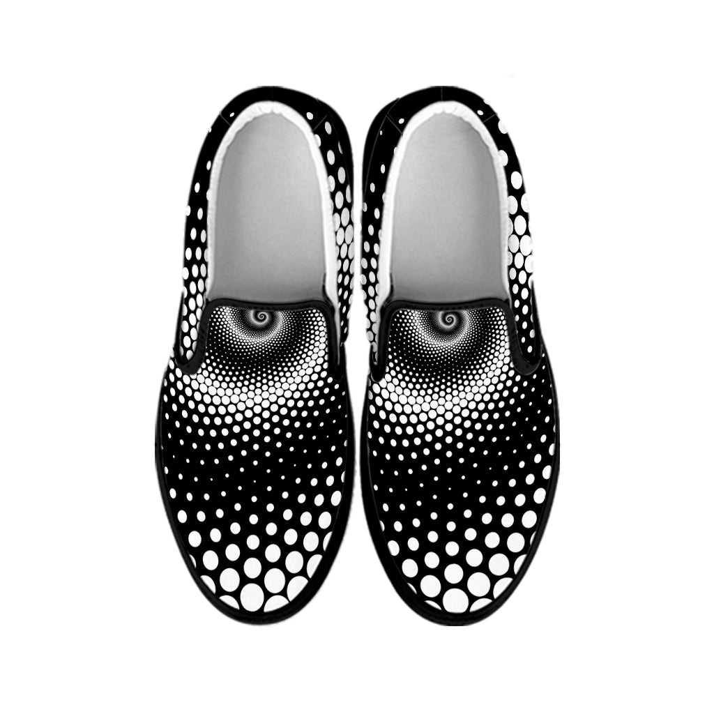 Black And White Spiral Dot Print Black Slip On Shoes