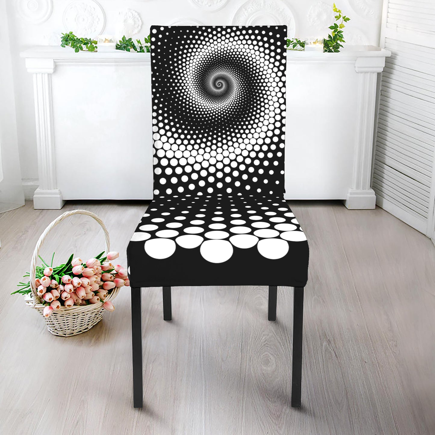 Black And White Spiral Dot Print Dining Chair Slipcover