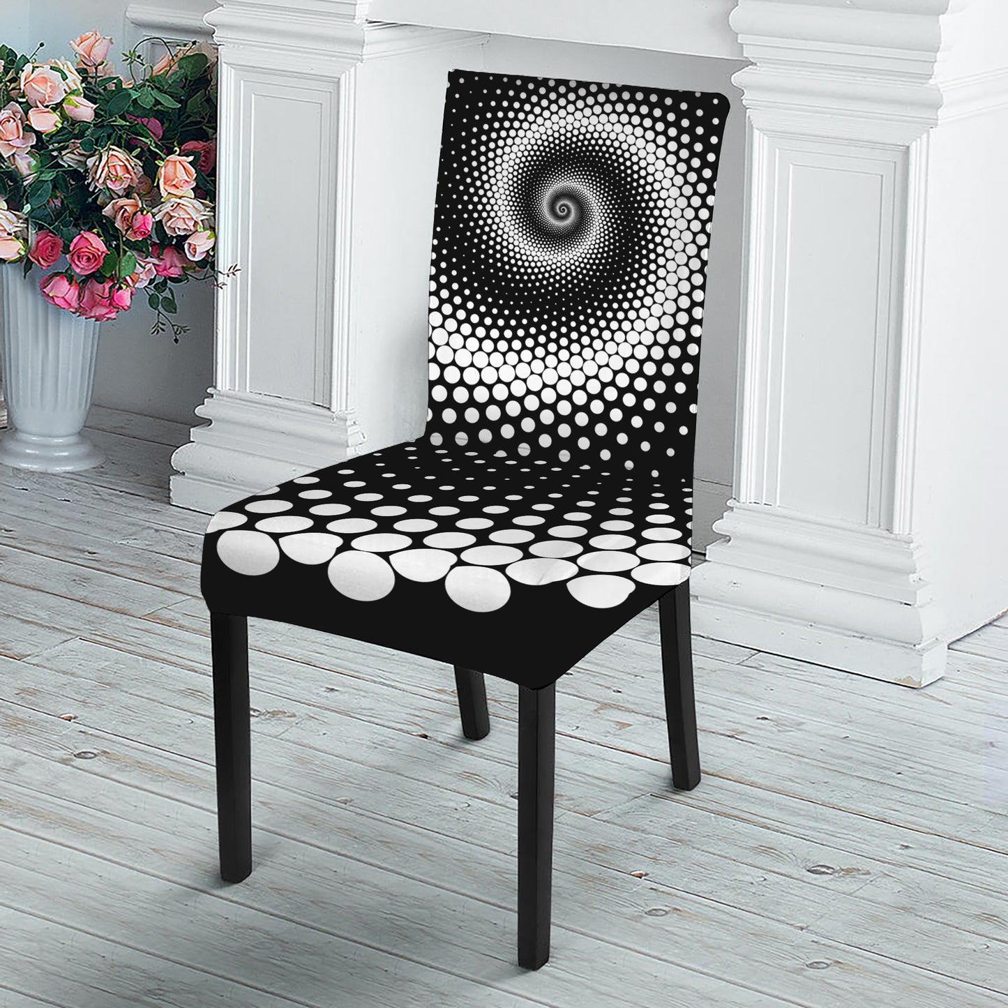 Black And White Spiral Dot Print Dining Chair Slipcover