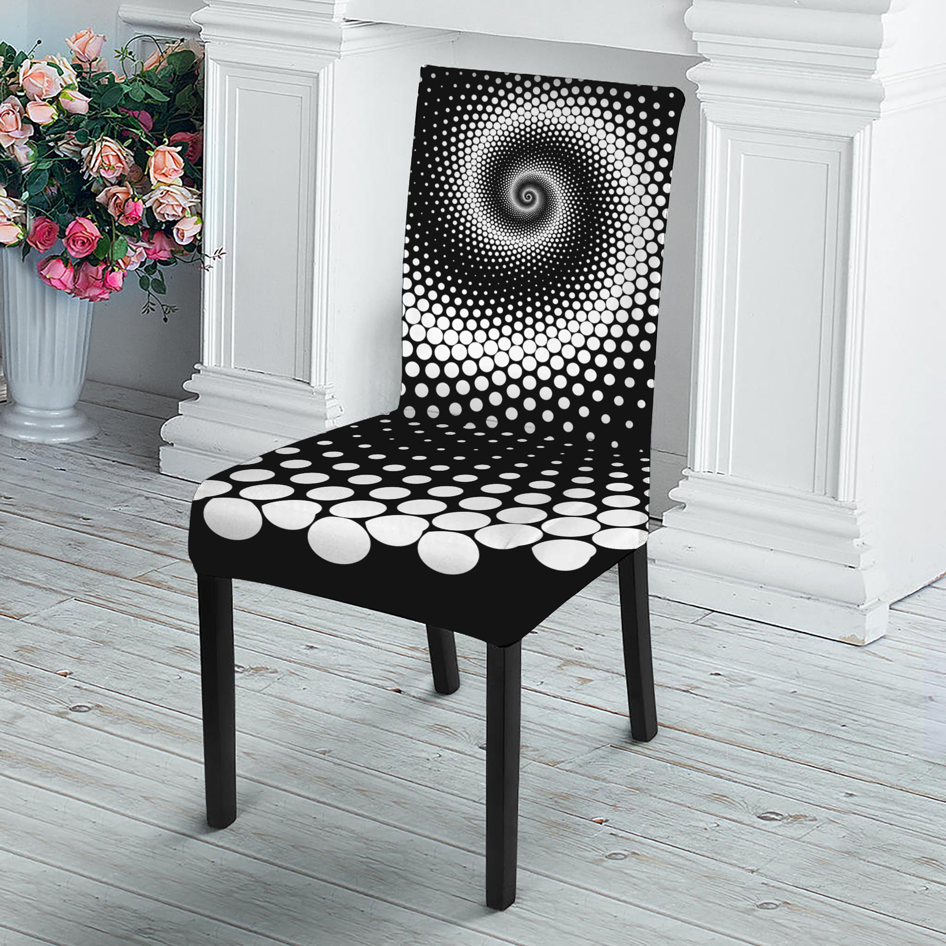 Black And White Spiral Dot Print Dining Chair Slipcover