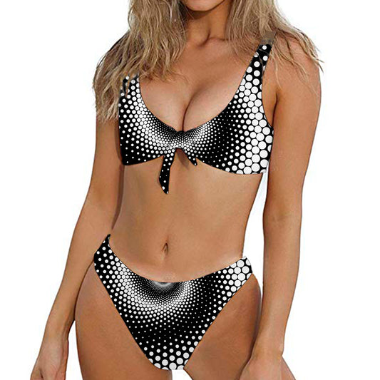 Black And White Spiral Dot Print Front Bow Tie Bikini