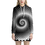 Black And White Spiral Dot Print Pullover Hoodie Dress