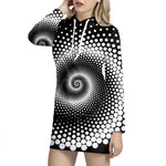 Black And White Spiral Dot Print Pullover Hoodie Dress