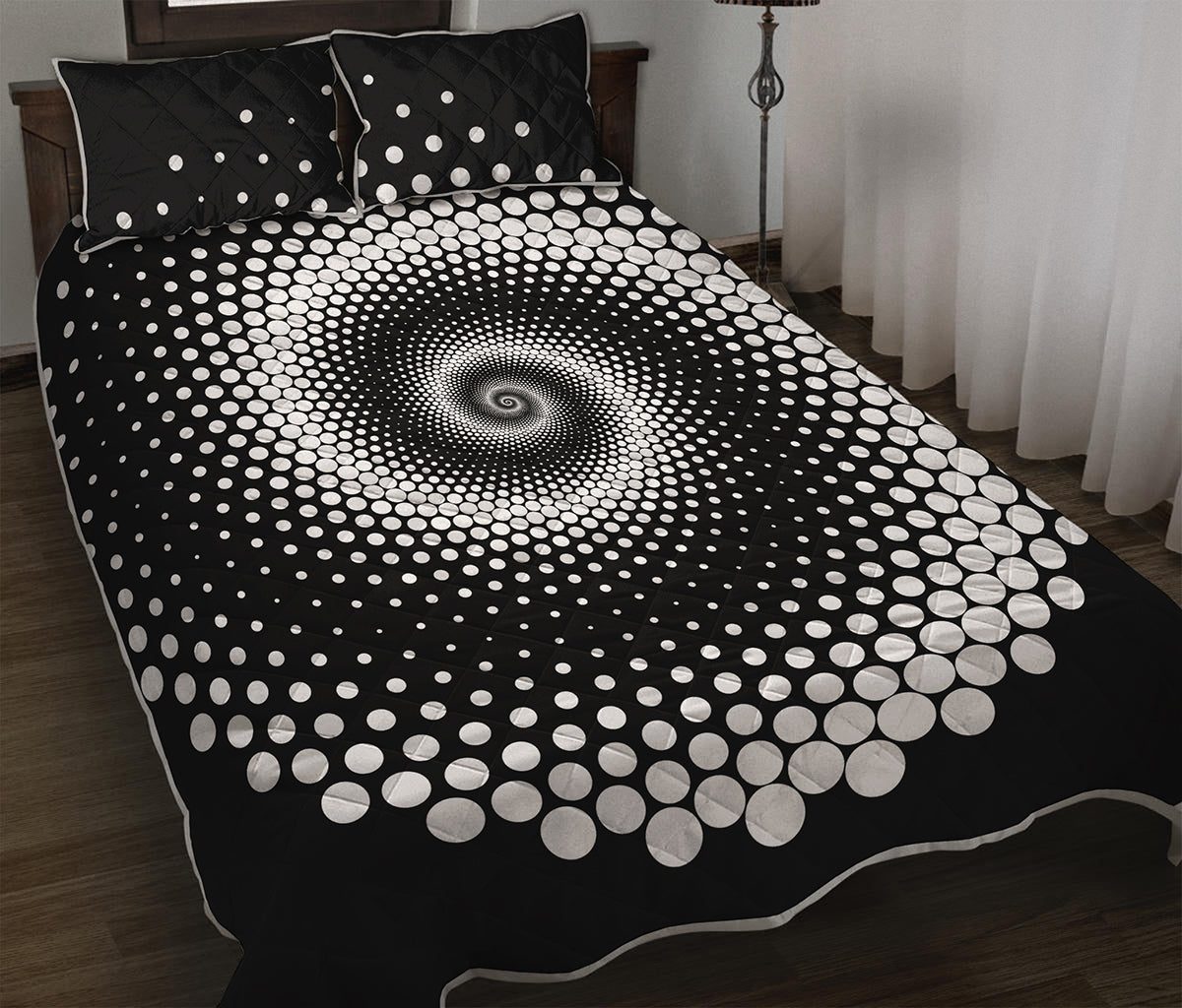 Black And White Spiral Dot Print Quilt Bed Set