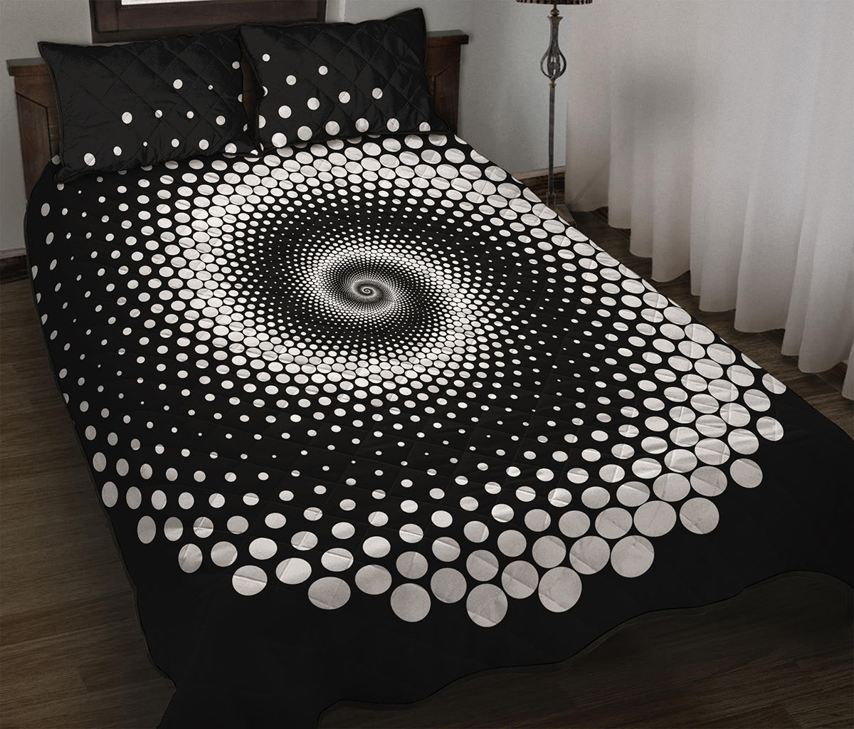 Black And White Spiral Dot Print Quilt Bed Set