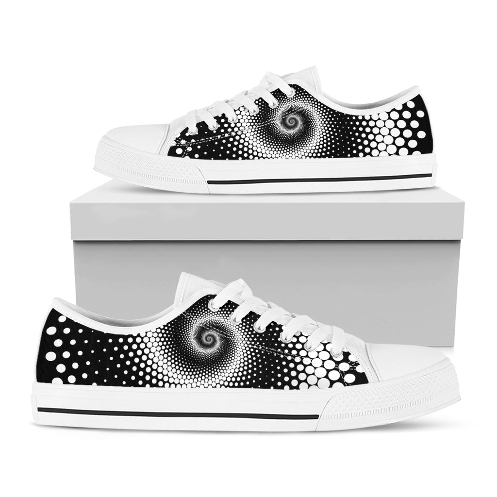 Black And White Spiral Dot Print White Low Top Shoes