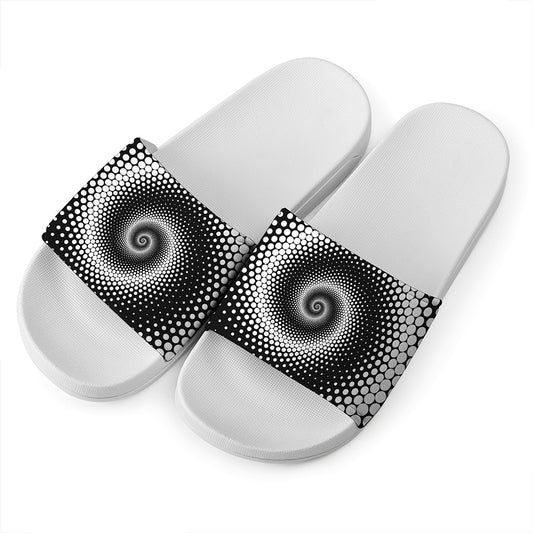 Black And White Spiral Dot Print White Slide Sandals